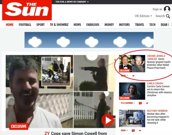 TOPPSAK: Ari Behns uttalelser om Kevin Spacey får stor eksponering gjennom The Sun. Foto: Faksimile / The Sun TOPPSAK: Ari Behns uttalelser om Kevin Spacey får stor eksponering gjennom The Sun. Foto: Faksimile / The Sun